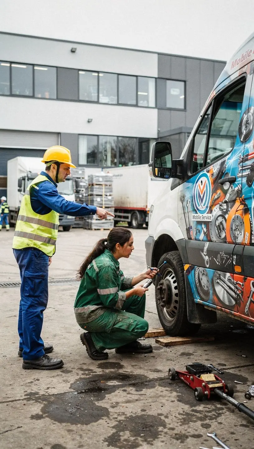 Mobiler Kfz-Mechaniker repariert ein Auto vor Ort in Deutschland mit professionellem Werkzeug.