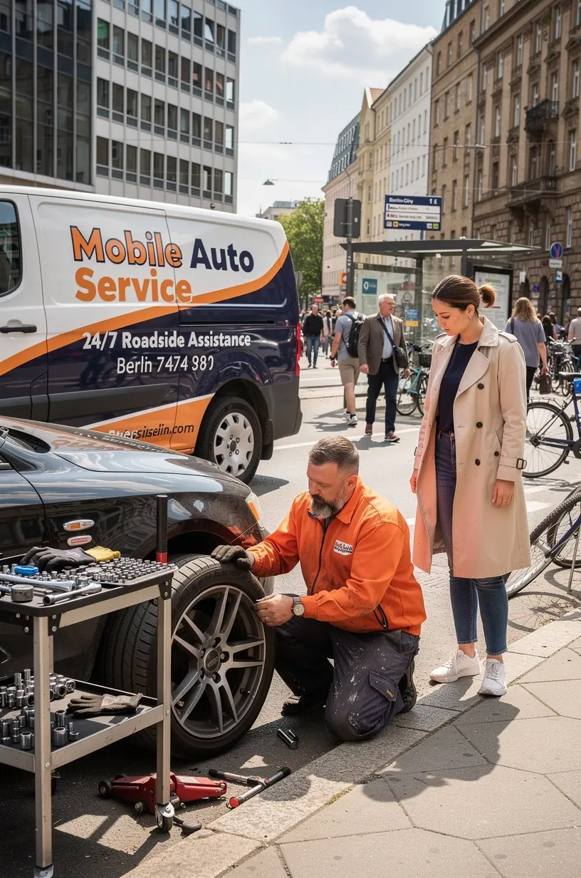 Mobiler Pannendienst in Deutschland behebt Reifenpanne direkt an der Straße mit modernem Equipment.